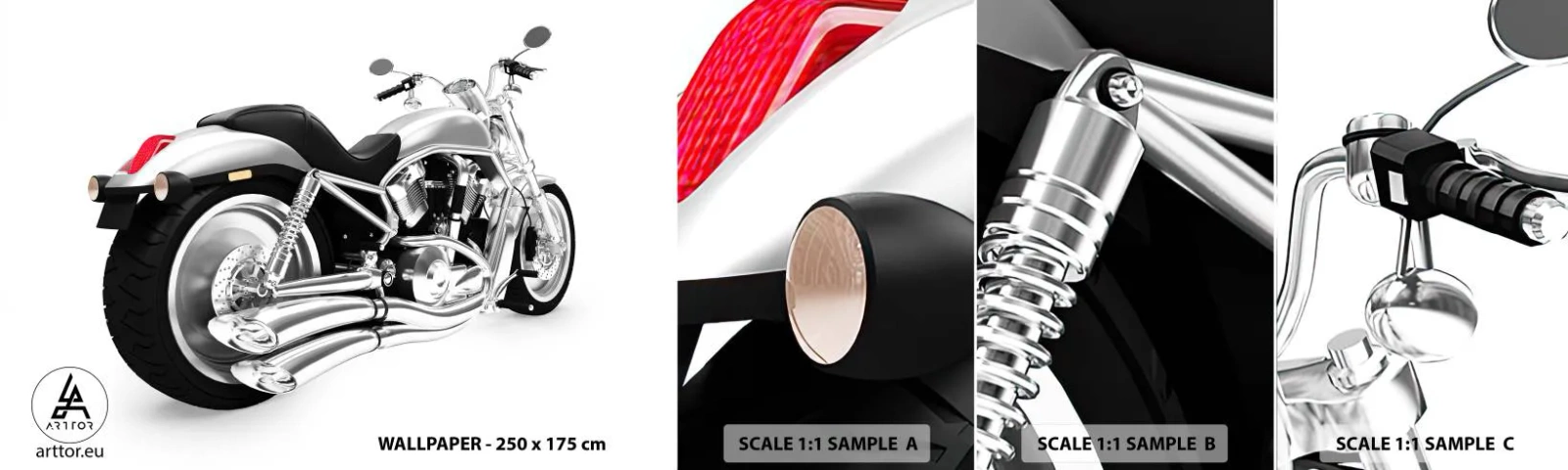 Provbit av självhäftande fototapet Deluxe Sticker - Samlarens dröm - Bil, Motorcykel, Chopper - 100x30 cm