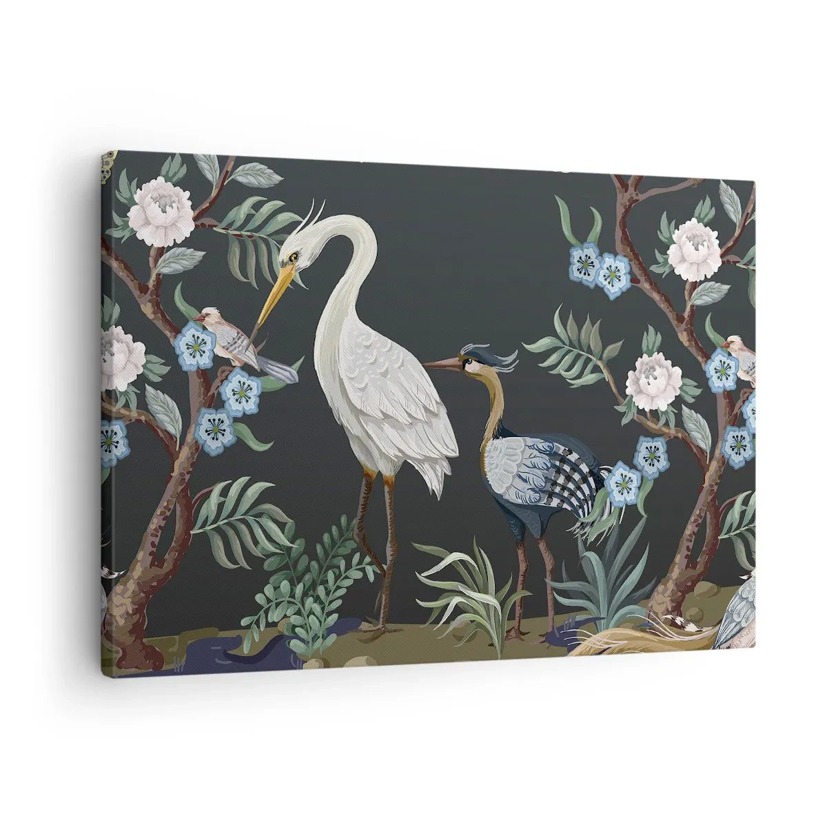 Canvastavla - Bild på duk - Målade fåglar och växter på en mörk bakgrund med ett elegant mönster - 70x50cm - Fågelparad - Modern väggdekoration för vardagsrum och sovrum ARTTOR