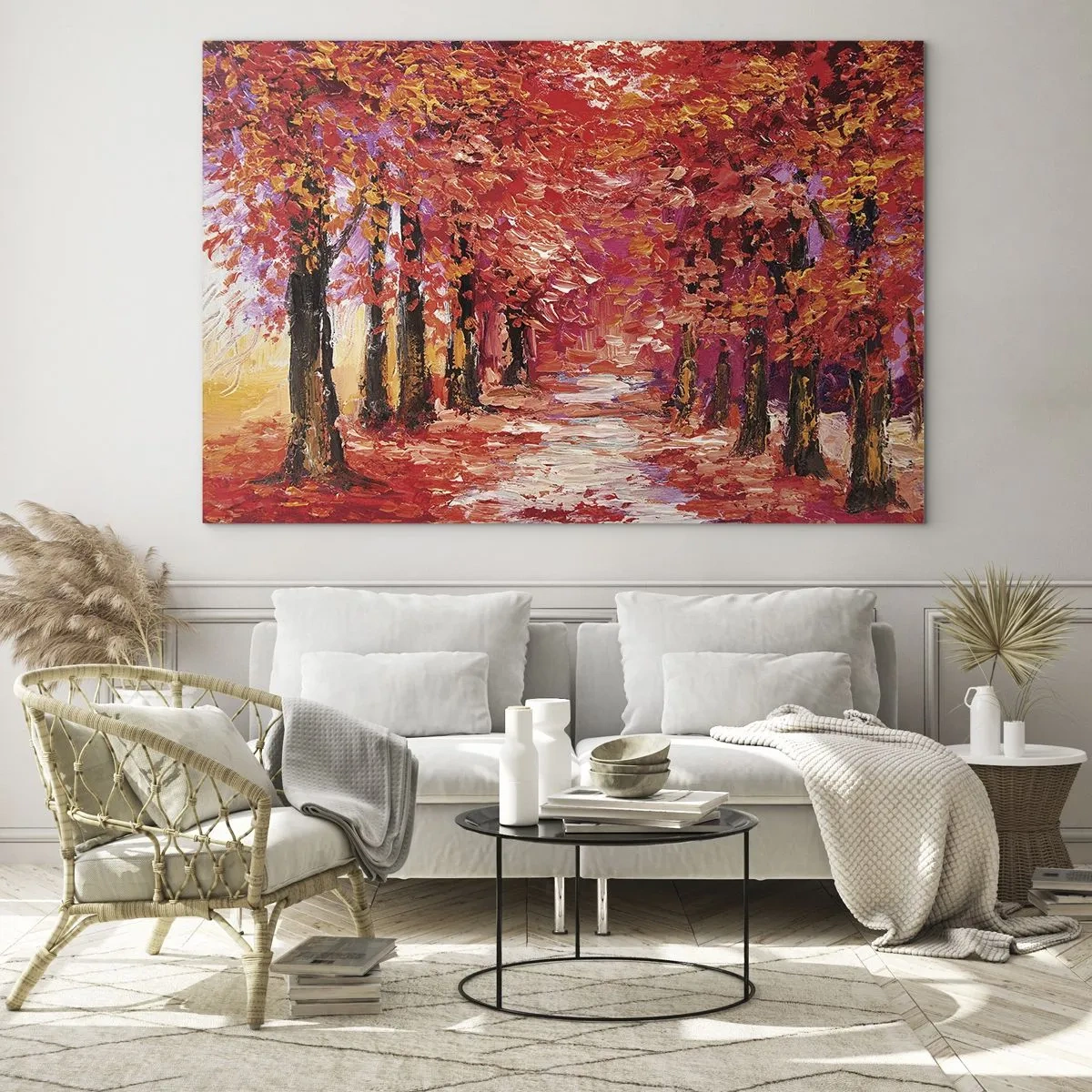 Glastavla - Bild på glas - En pittoresk gränd i höstfärger fulla av varma nyanser - 70x50cm - Höstimpresion - Modern väggdekoration för vardagsrum och sovrum ARTTOR