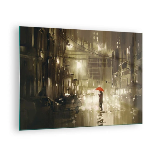 Glastavla - Bild på glas - Person med rött paraply i regnigt stadsljus på natten - 70x50cm - Själv, men inte ensam - Modern väggdekoration för vardagsrum och sovrum ARTTOR