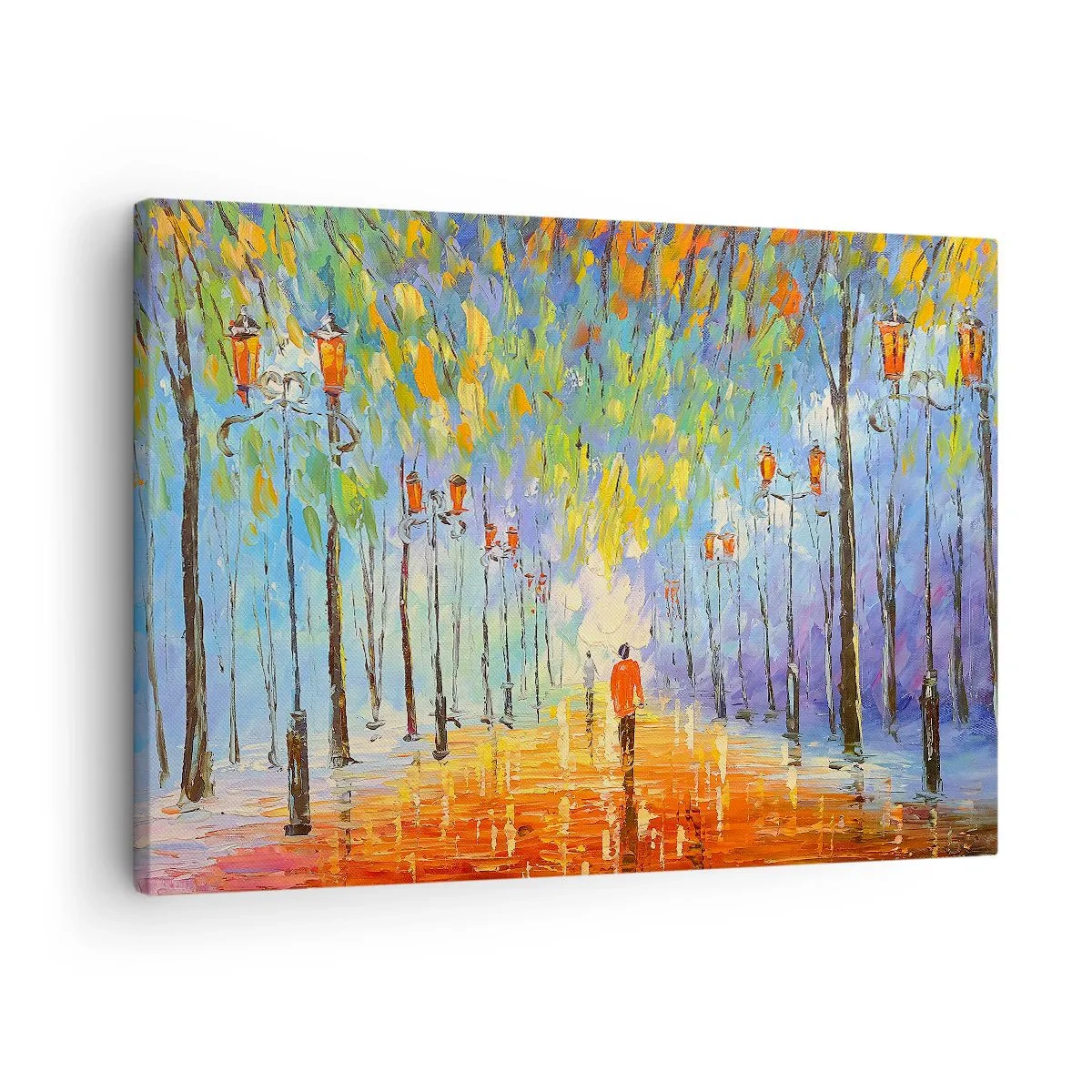 Canvastavla - Bild på duk - En pittoresk promenad bland lyktorna en regnig kväll - 70x50cm - Regnets nattvisa - Modern väggdekoration för vardagsrum och sovrum ARTTOR