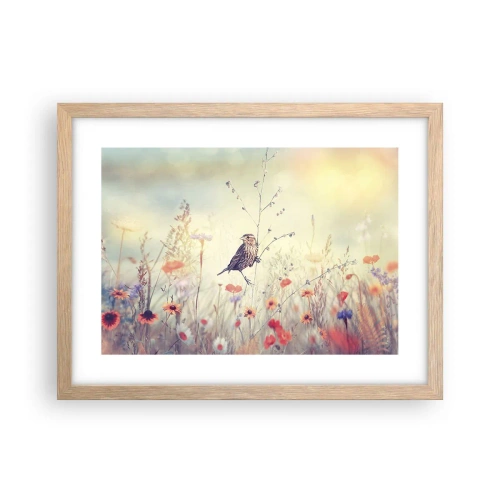 Affisch i ram av ljusek - Fågelporträtt med en äng i bakgrunden - 40x30 cm
