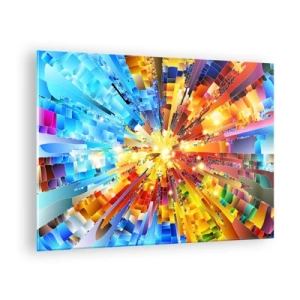 Glastavla - Bild på glas - En abstrakt färgexplosion i en dynamisk, geometrisk komposition. - 70x50cm - In medias res - Modern väggdekoration för vardagsrum och sovrum ARTTOR