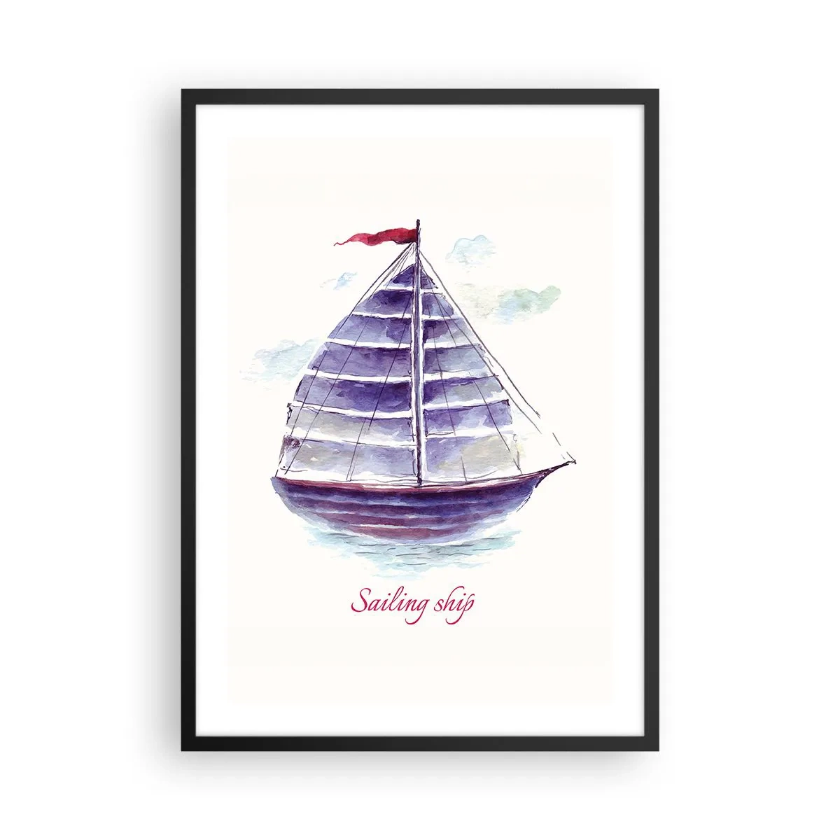 Affisch i svart ram - Akvarell illustration av ett segelfartyg på lugnt vatten - 50x70cm - Fulla seglar och lugnt vatten - Modern väggdekoration för vardagsrum och sovrum ARTTOR