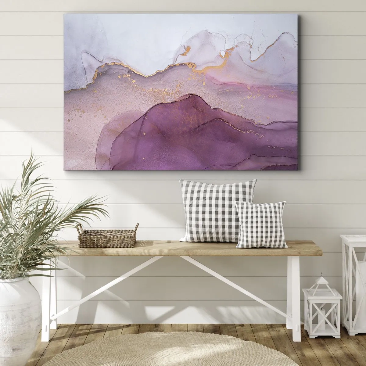 Canvastavla - Bild på duk - En abstrakt komposition i nyanser av lila och guld. - 70x50cm - Lila och violett vågor - Modern väggdekoration för vardagsrum och sovrum ARTTOR