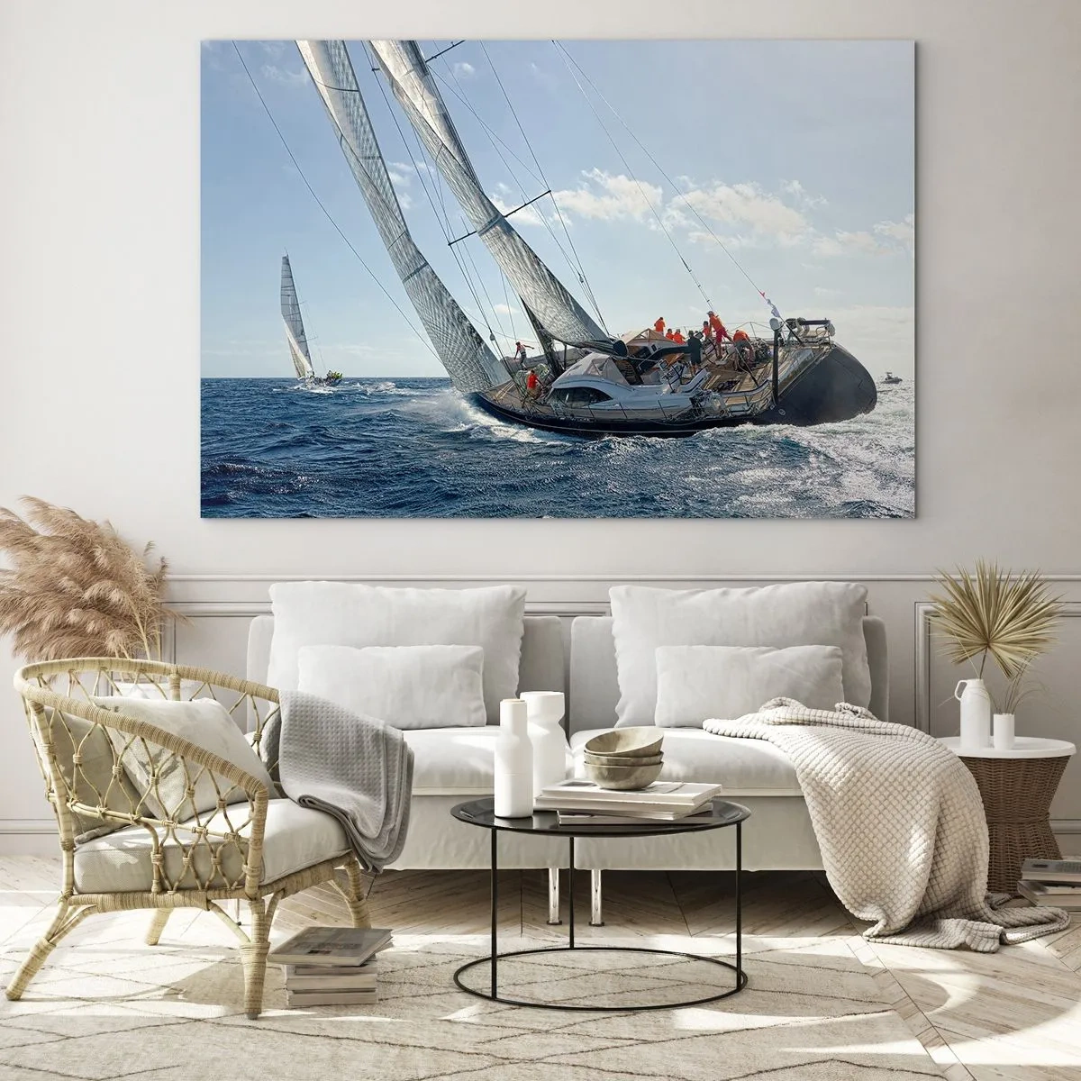 Glastavla - Bild på glas - Tävlingsyachter på öppet hav med vinden i seglen - 70x50cm - Låt bättre vinna - Modern väggdekoration för vardagsrum och sovrum ARTTOR