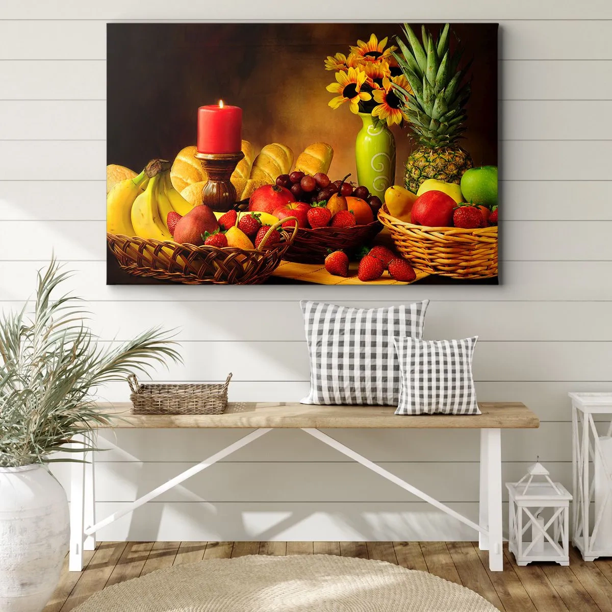 Canvastavla - Bild på duk - Stilleben med frukt, bröd, ljus och blommor - 70x50cm - Stilleben med bröd och frukt - Modern väggdekoration för vardagsrum och sovrum ARTTOR