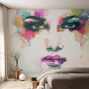 Självhäftande Fototapet Deluxe Sticker - Porträtt målad med regnbågen - Abstraktion, Kvinnans ansikte, Bit - 350x256 cm