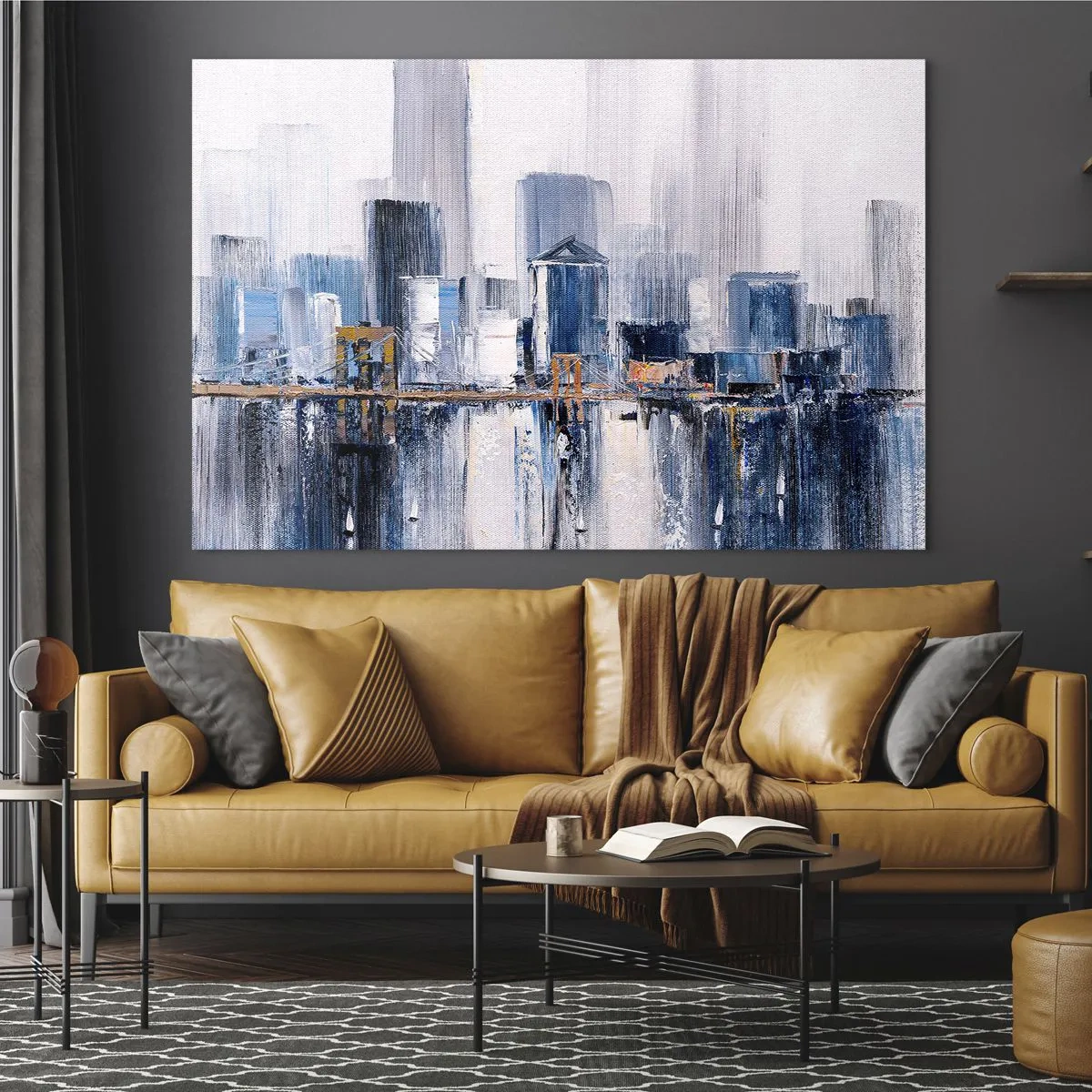 Glastavla - Bild på glas - Abstrakt stadspanorama med skyskrapor och en bro i svala färger - 70x50cm - New York-impression - Modern väggdekoration för vardagsrum och sovrum ARTTOR