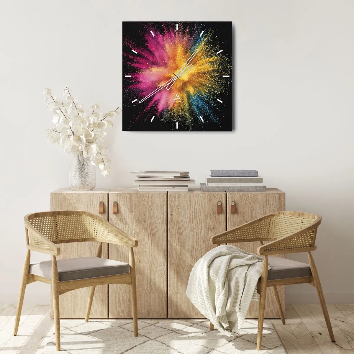 Väggklocka - Klocka på glas - Färgerna föds - 30x30 cm