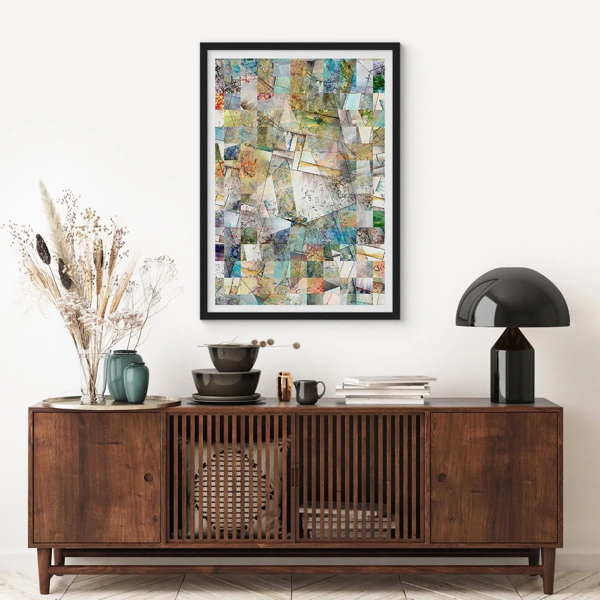 Affisch i svart ram - En abstrakt mosaik av geometriska former i jordnära toner. - 50x70cm - Geometrisk omblandning - Modern väggdekoration för vardagsrum och sovrum ARTTOR
