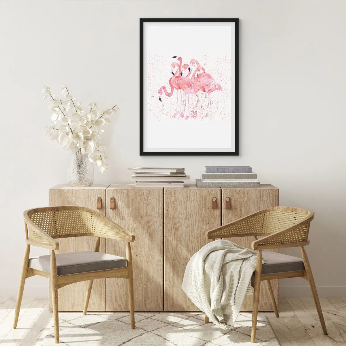 Affisch i svart ram - En grupp rosa flamingos på en vit bakgrund - 50x70cm - Rosa bandet - Modern väggdekoration för vardagsrum och sovrum ARTTOR