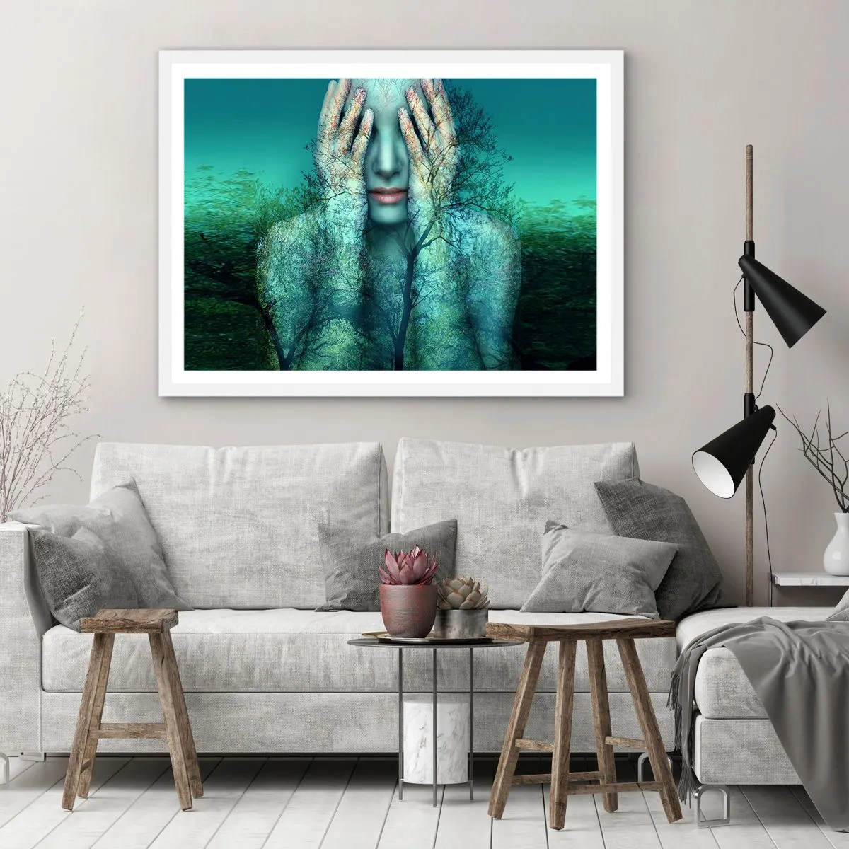 Affisch i vit ram - Doppad i blått - 100x70 cm