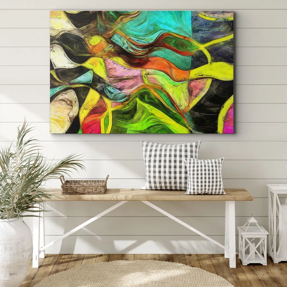 Canvastavla - Bild på duk - En abstrakt komposition med färgglada fläckar och dynamiska linjer. - 70x50cm - Rörelse är liv - Modern väggdekoration för vardagsrum och sovrum ARTTOR