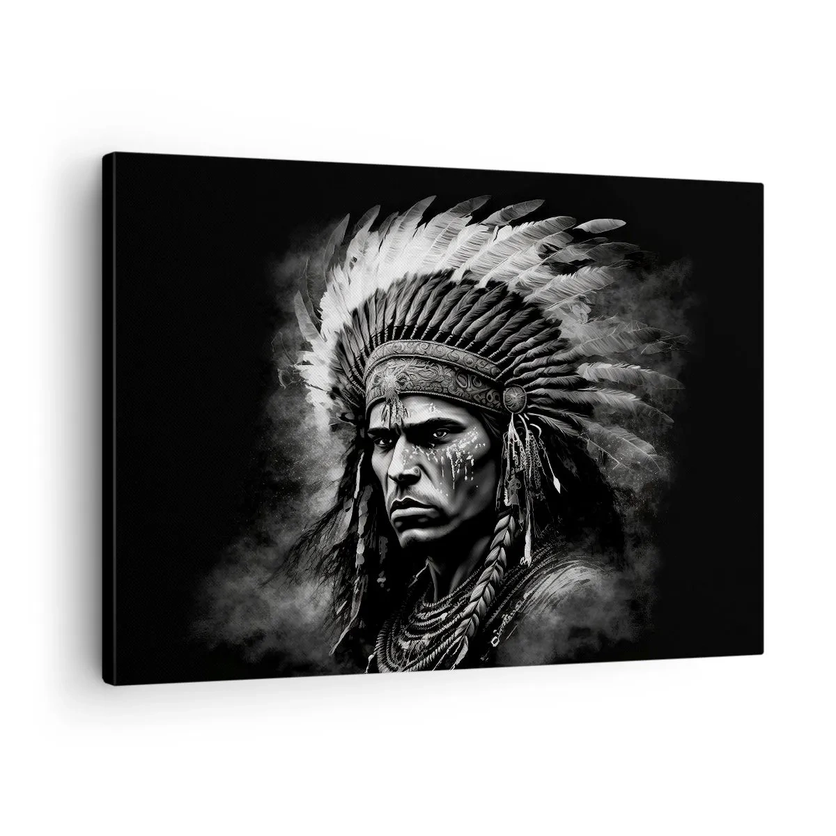 Canvastavla - Bild på duk - Porträtt av en hövding i befjädrad huvudbonad mot svart bakgrund - 70x50cm - Hövding och krigare - Modern väggdekoration för vardagsrum och sovrum ARTTOR