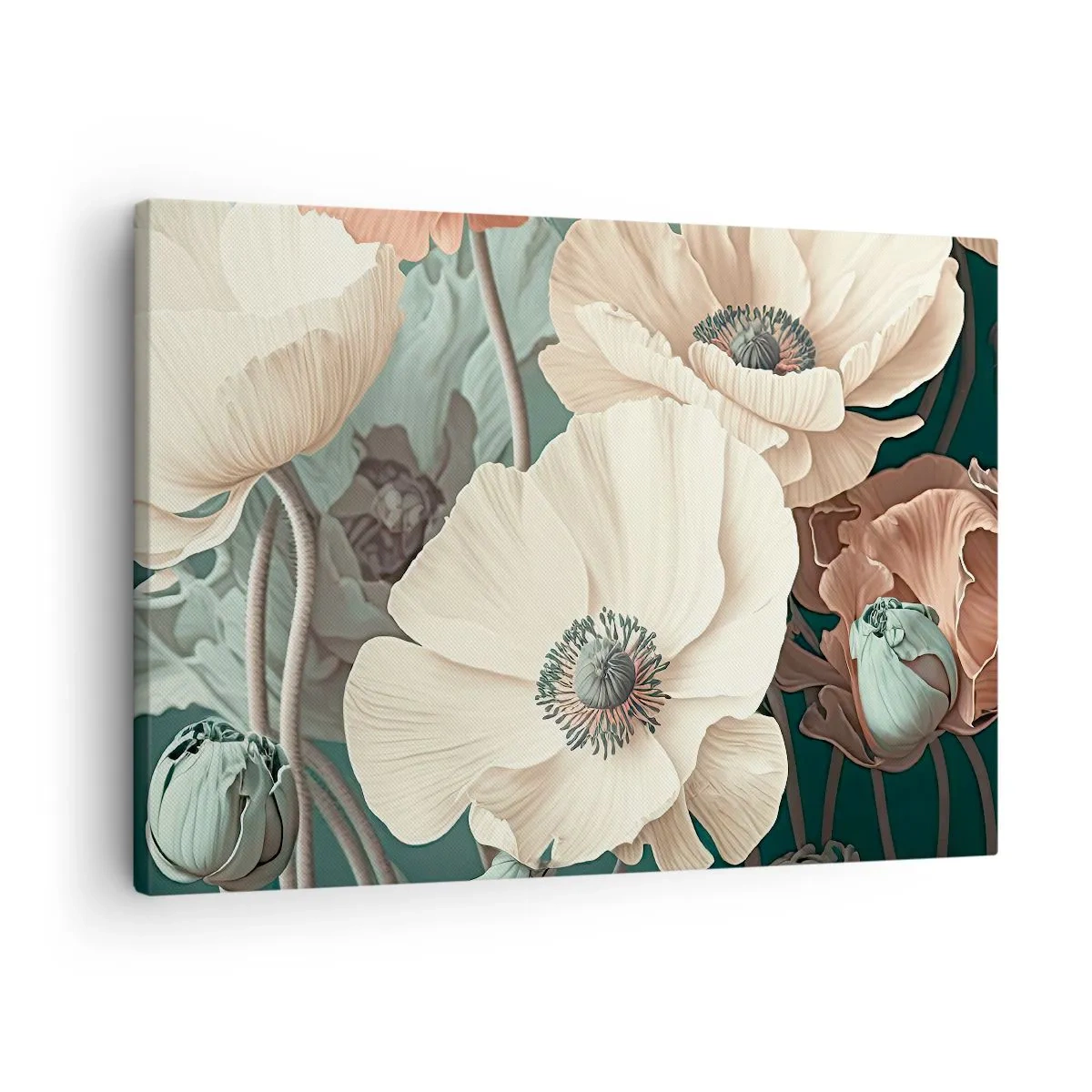 Canvastavla - Bild på duk - Eleganta blommor i pastellfärger mot en grön bakgrund - 70x50cm - Viskningar av vallmo - Modern väggdekoration för vardagsrum och sovrum ARTTOR