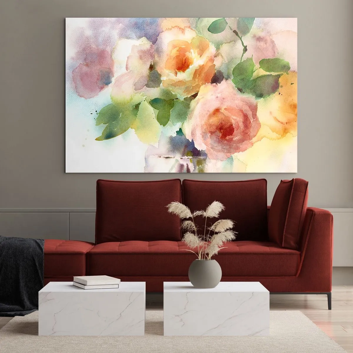 Glastavla - Bild på glas - En akvarellmålning av rosor i fina pastellfärger. - 70x50cm - Delikat som en akvarell - Modern väggdekoration för vardagsrum och sovrum ARTTOR