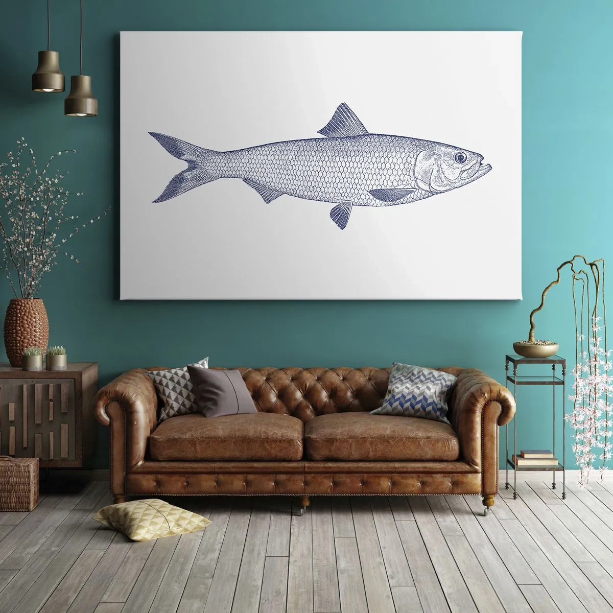 Canvastavla - Bild på duk - Illustration av en fisk i nyanser av blått mot en ljus bakgrund - 70x50cm - Hälsningar från de nordliga haven - Modern väggdekoration för vardagsrum och sovrum ARTTOR