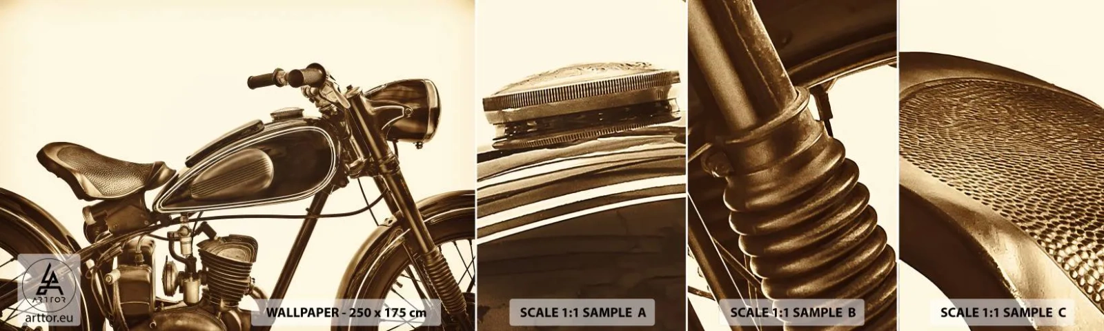 Fototapet Prov Standard Eco - Längtan efter klassik - Motorcykel, Årgång, Bil - 100x30 cm