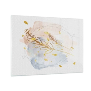 Glastavla - Bild på glas - En delikat komposition med kvistar och gyllene blad i akvarell - 70x50cm - En gyllene explosion - Modern väggdekoration för vardagsrum och sovrum ARTTOR