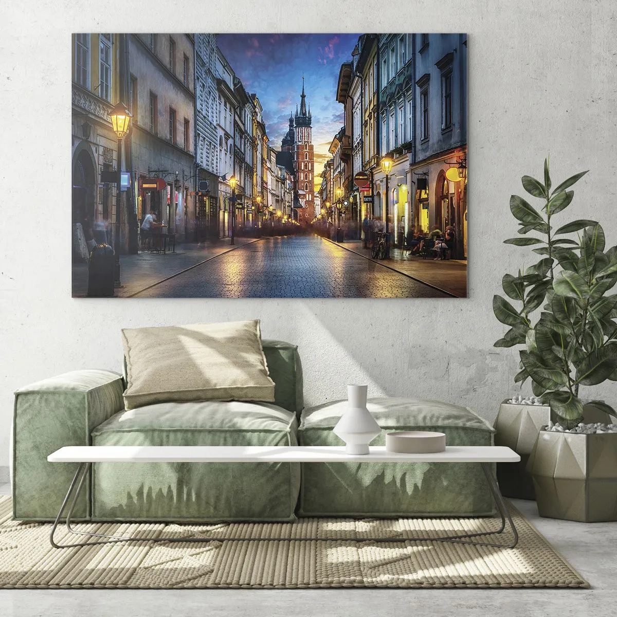 Glastavla - Bild på glas - Kvällsvy över gamla stan med kyrkan i bakgrunden - 70x50cm - Krakows charm - Modern väggdekoration för vardagsrum och sovrum ARTTOR