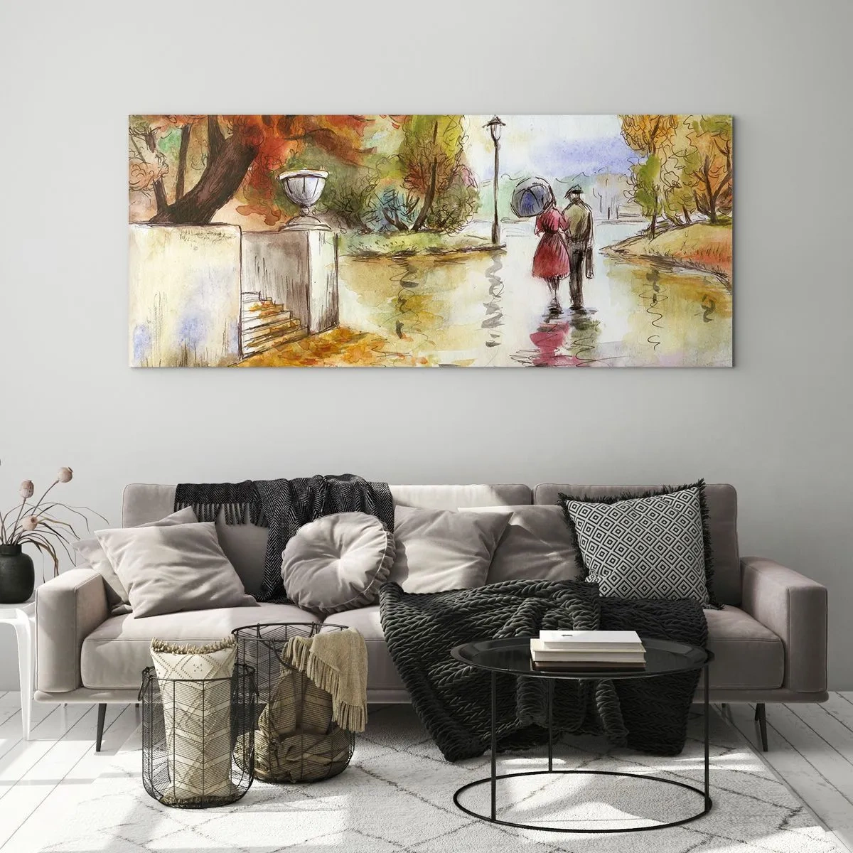 Glastavla - Bild på glas - Romantisk höst i parken - 100x40 cm