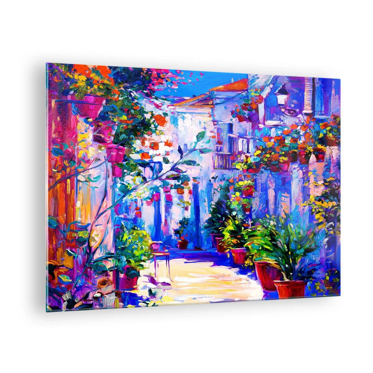 Glastavla - Bild på glas - En färgglad gata med blommande växter och ljus - 70x50cm - Impression - italiensk gränd - Modern väggdekoration för vardagsrum och sovrum ARTTOR