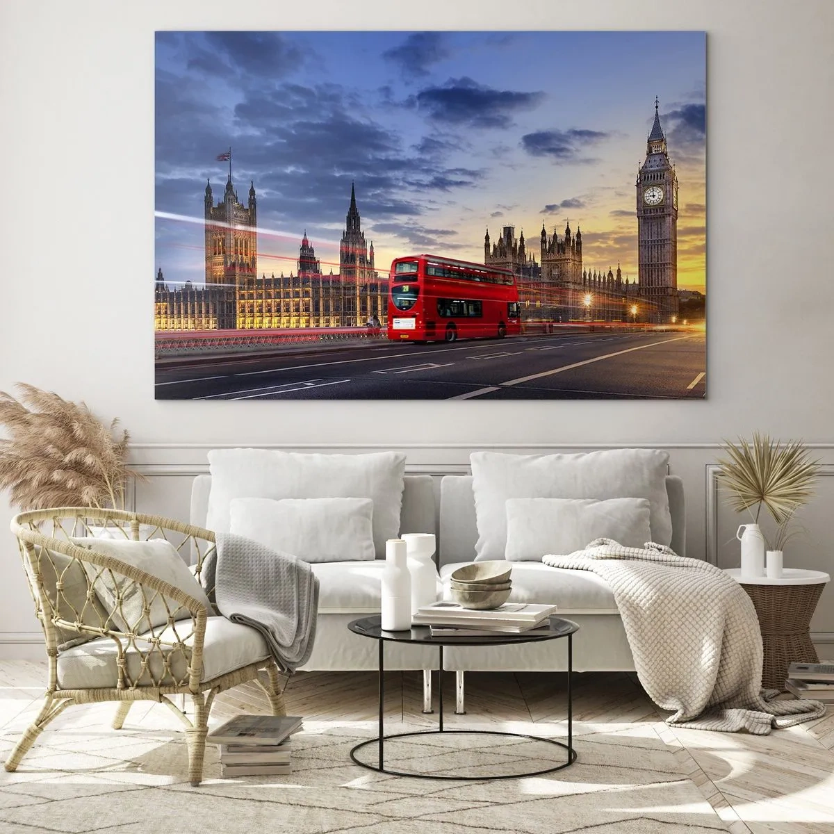 Glastavla - Bild på glas - Big Ben och den röda bussen i London vid solnedgången - 70x50cm - Särdrag - Modern väggdekoration för vardagsrum och sovrum ARTTOR