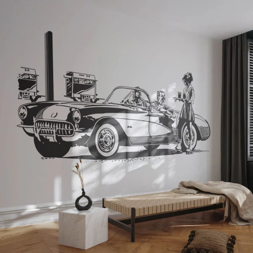 Fototapet Standard Eco - Retro illustration med en klassisk bil och en servitris som åker rullskridskor - 100x70cm - 60. - sorglöst Amerika - Modern väggdekoration för vardagsrum och sovrum ARTTOR