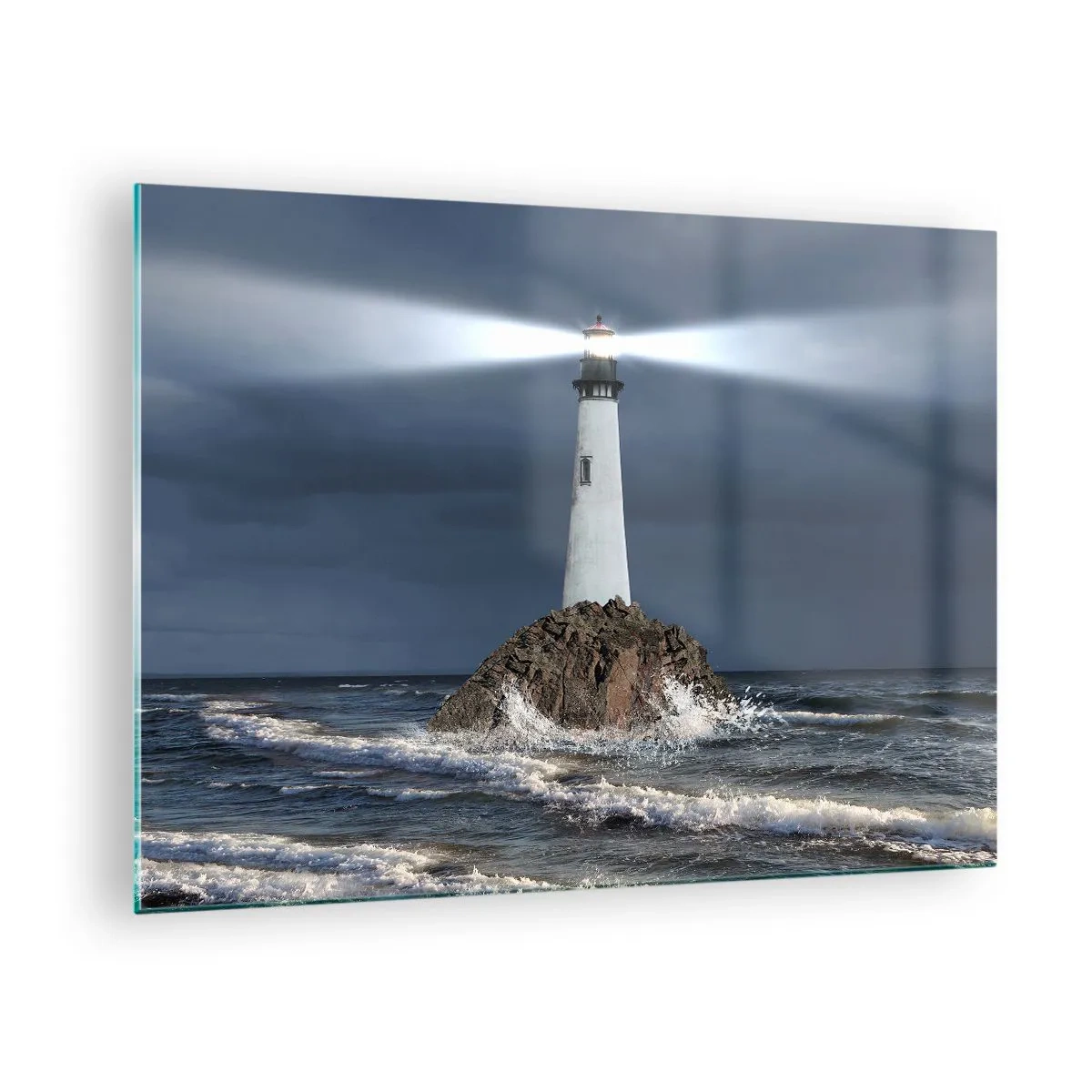 Glastavla - Bild på glas - En fyr på en klippa mitt i de grova vågorna på natten - 70x50cm - Här...här...här! - Modern väggdekoration för vardagsrum och sovrum ARTTOR