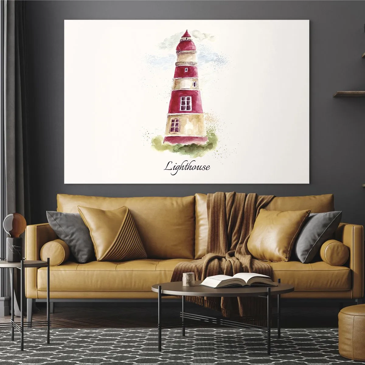 Glastavla - Bild på glas - Akvarell fyr med inskriptionen fyr - 70x50cm - Det är alltid något väder - Modern väggdekoration för vardagsrum och sovrum ARTTOR