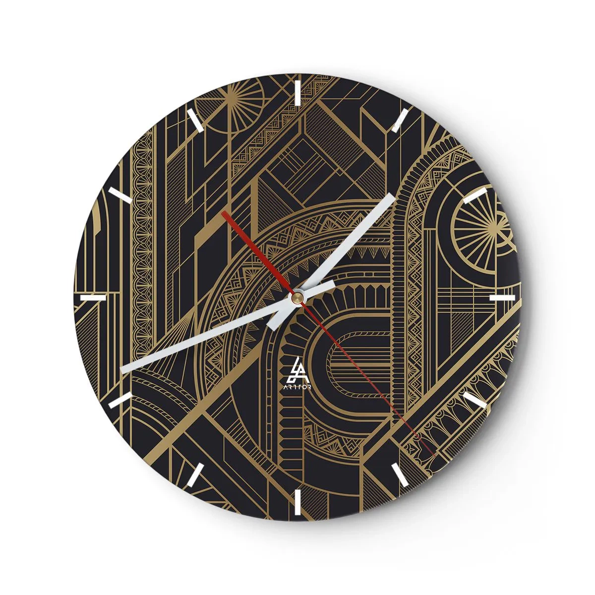 Väggklocka - Klocka på glas - Abstrakt geometriskt mönster i gyllene färger - 30x30cm - Koncept, idéer, planer - Modern väggdekoration för vardagsrum, kök och sovrum ARTTOR