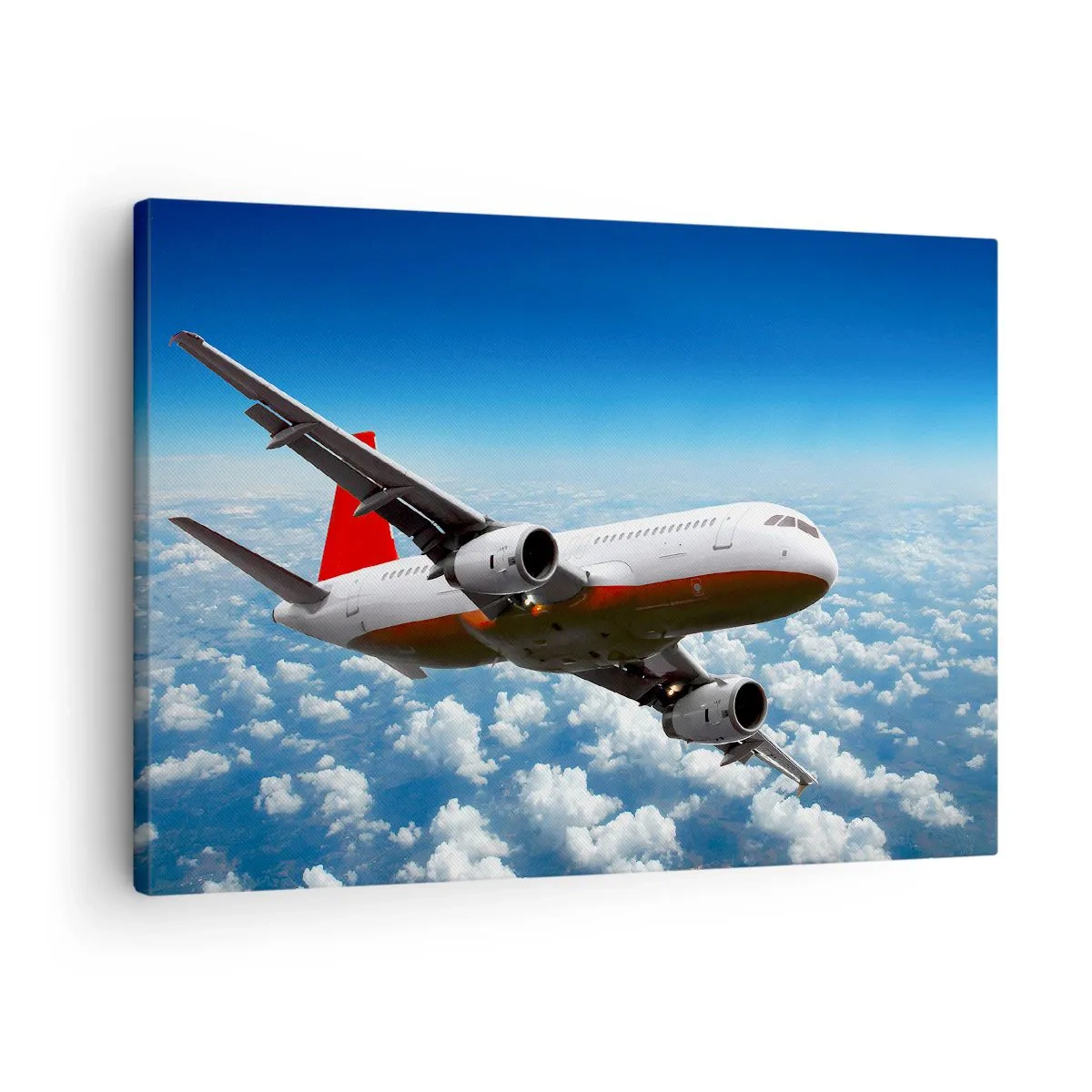 Canvastavla - Bild på duk - Ett passagerarplan som flyger över molnen mot en blå himmel. - 70x50cm - Lämna allt detta - Modern väggdekoration för vardagsrum och sovrum ARTTOR