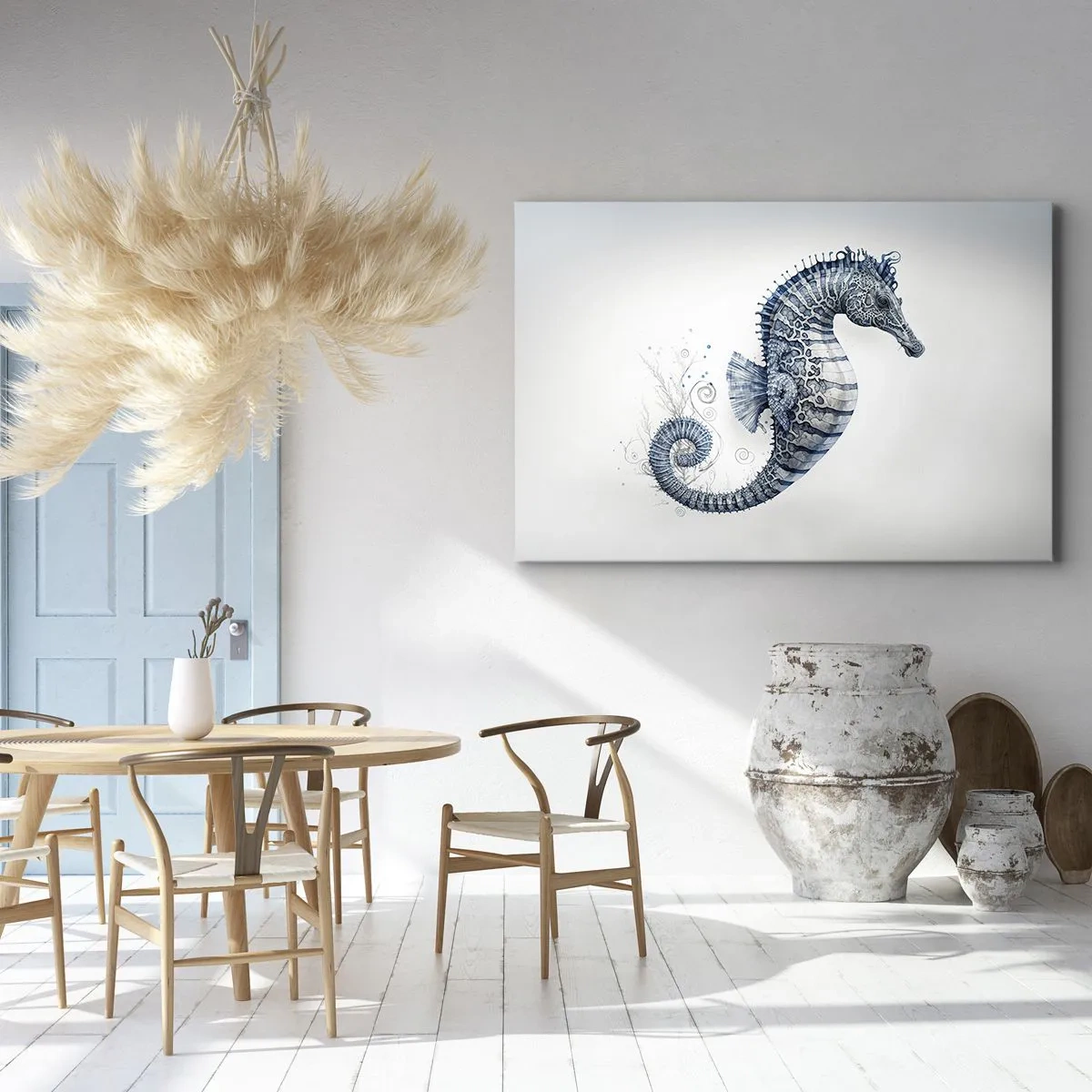 Canvastavla - Bild på duk - Sjöhäst i blå nyanser med akvarelldetaljer - 70x50cm - Ett subtilt skämt från naturen - Modern väggdekoration för vardagsrum och sovrum ARTTOR
