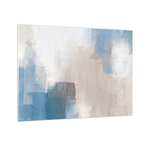 Glastavla - Bild på glas - Beige och blå abstraktion i pastellfärger - 70x50cm - Rosa abstraktion bakom en blå slöja - Modern väggdekoration för vardagsrum och sovrum ARTTOR