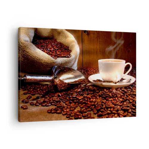 Canvastavla - Bild på duk - En kopp kaffe med kaffebönor och en spannmålspåse i bakgrunden - 70x50cm - Känner du lukten? - Modern väggdekoration för vardagsrum och sovrum ARTTOR
