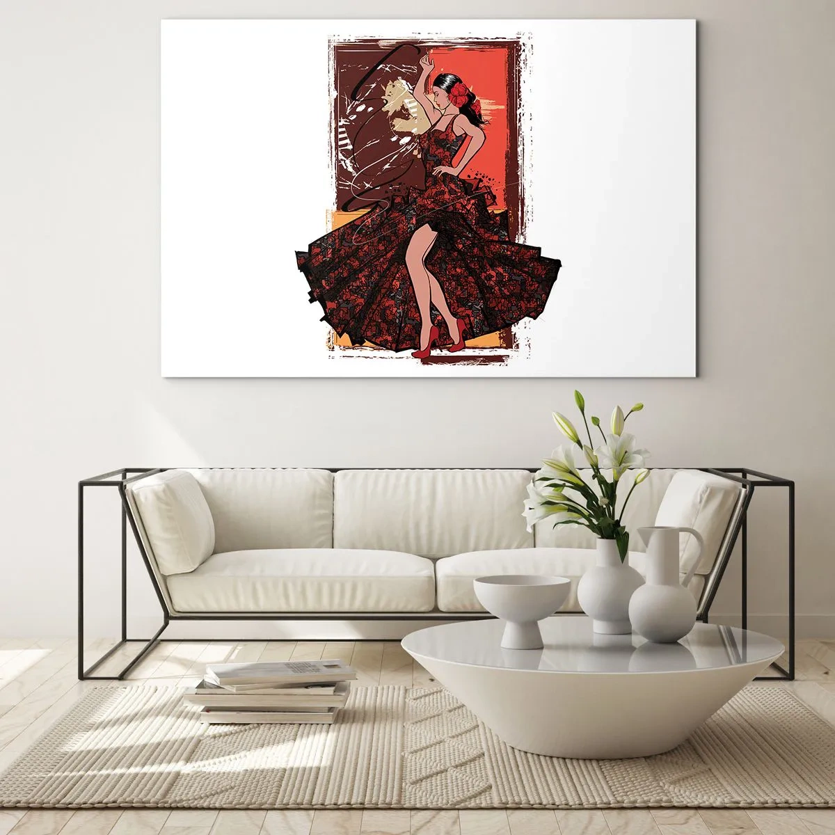 Glastavla - Bild på glas - Flamencodansare i en elegant röd och svart klänning - 70x50cm - I hjärtats takt - Modern väggdekoration för vardagsrum och sovrum ARTTOR