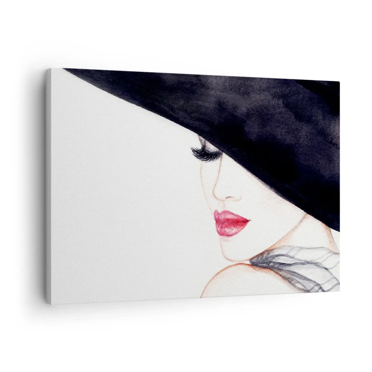 Canvastavla - Bild på duk - En subtil illustration av en kvinna i svart hatt med röda läppar - 70x50cm - Elegans och sensualitet - Modern väggdekoration för vardagsrum och sovrum ARTTOR
