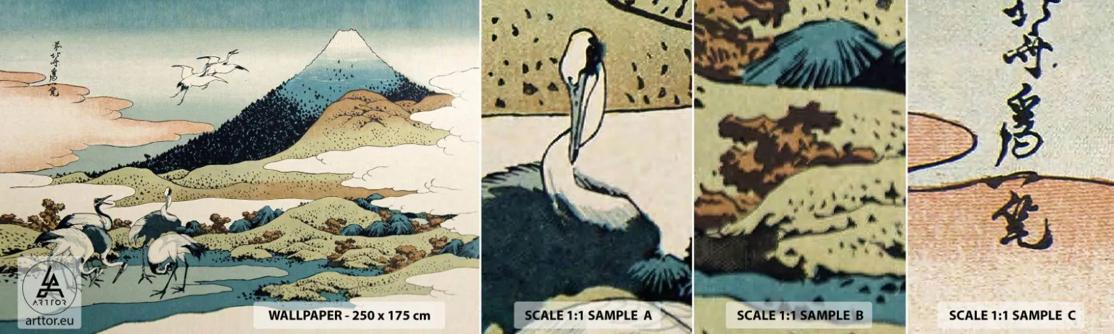 Provbit av självhäftande fototapet Deluxe Sticker - I japansk anda - Stork, Fågel, Landskap - 100x30 cm