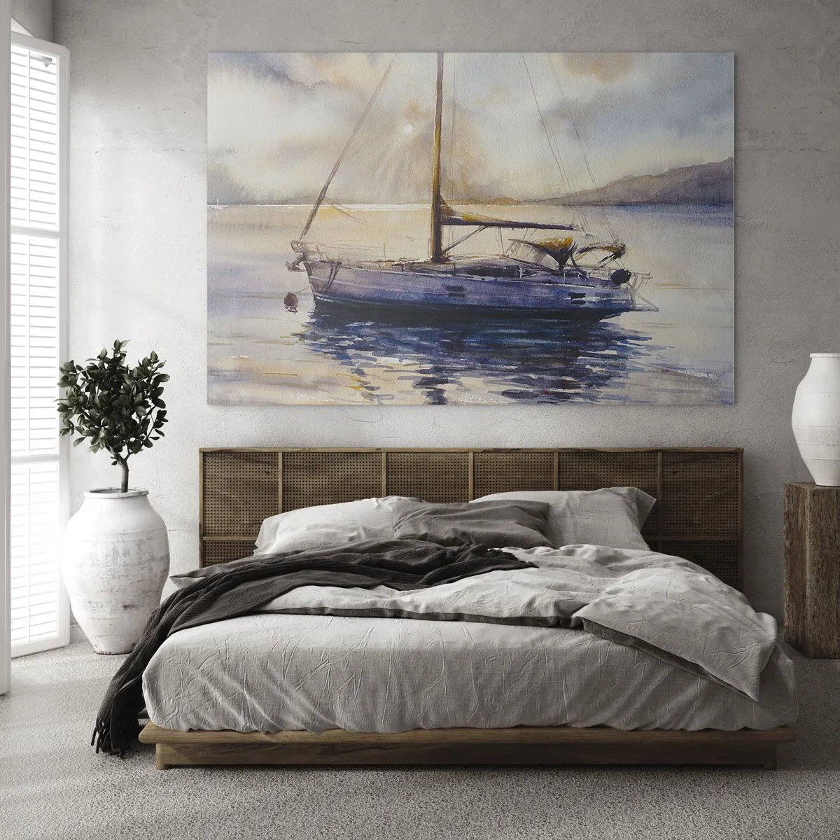 Glastavla - Bild på glas - En yacht förtöjd i en lugn vik i skymningen - 70x50cm - Kväll i viken - Modern väggdekoration för vardagsrum och sovrum ARTTOR