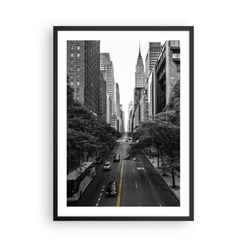 Affisch i svart ram - Svartvitt stadspanorama med en gul linje på vägen - 50x70cm - En morgon i New York - Modern väggdekoration för vardagsrum och sovrum ARTTOR