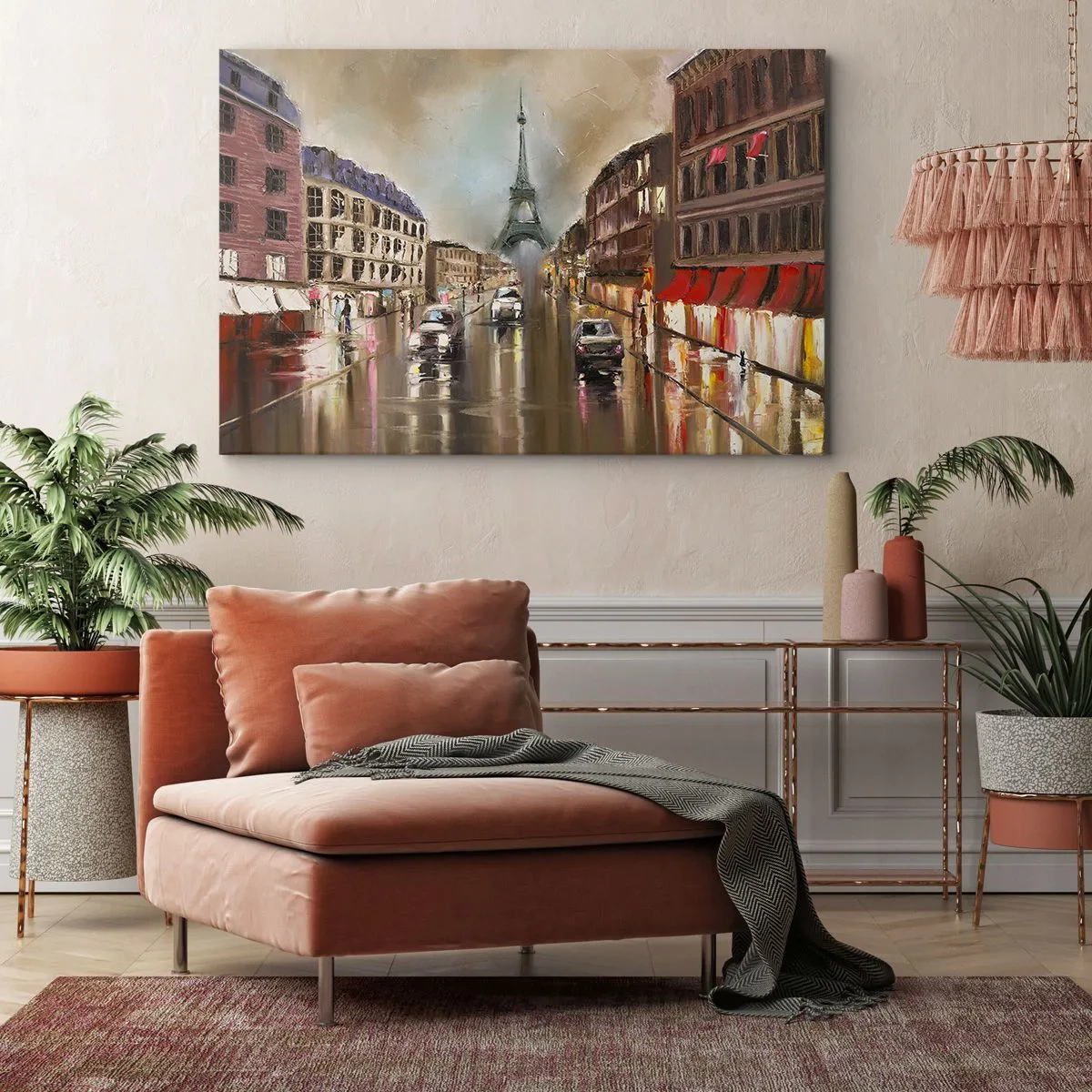 Canvastavla - Bild på duk - Kvällsgatalandskap i Paris med utsikt över Eiffeltornet - 70x50cm - Det är bara tornet som räknas - Modern väggdekoration för vardagsrum och sovrum ARTTOR