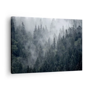 Canvastavla - Bild på duk - Dimmig barrskog i nyanser av grått och grönt - 70x50cm - Gryning i skogen - Modern väggdekoration för vardagsrum och sovrum ARTTOR