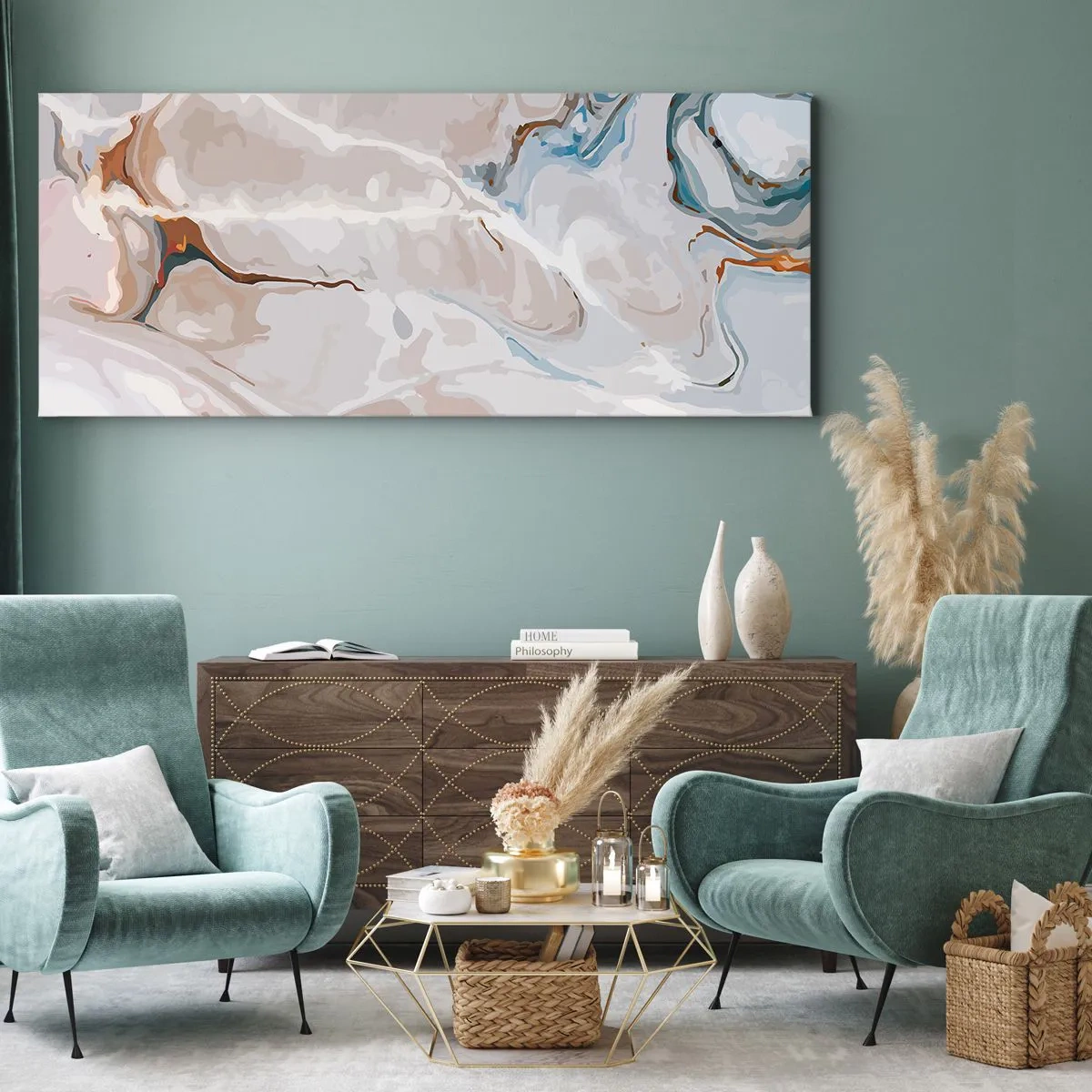 Canvastavla - Bild på duk - Blåa meanderlopp under vithet - 100x40 cm