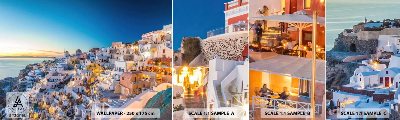 Provbit av självhäftande fototapet Deluxe Sticker - Grekhetens essäns - Santorini, Arkitektur, Grekland - 100x30 cm