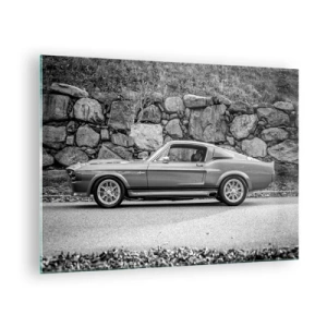 Glastavla - Bild på glas - En klassisk bil mot en stenmur - 70x50cm - Legend från 60-talet - Modern väggdekoration för vardagsrum och sovrum ARTTOR