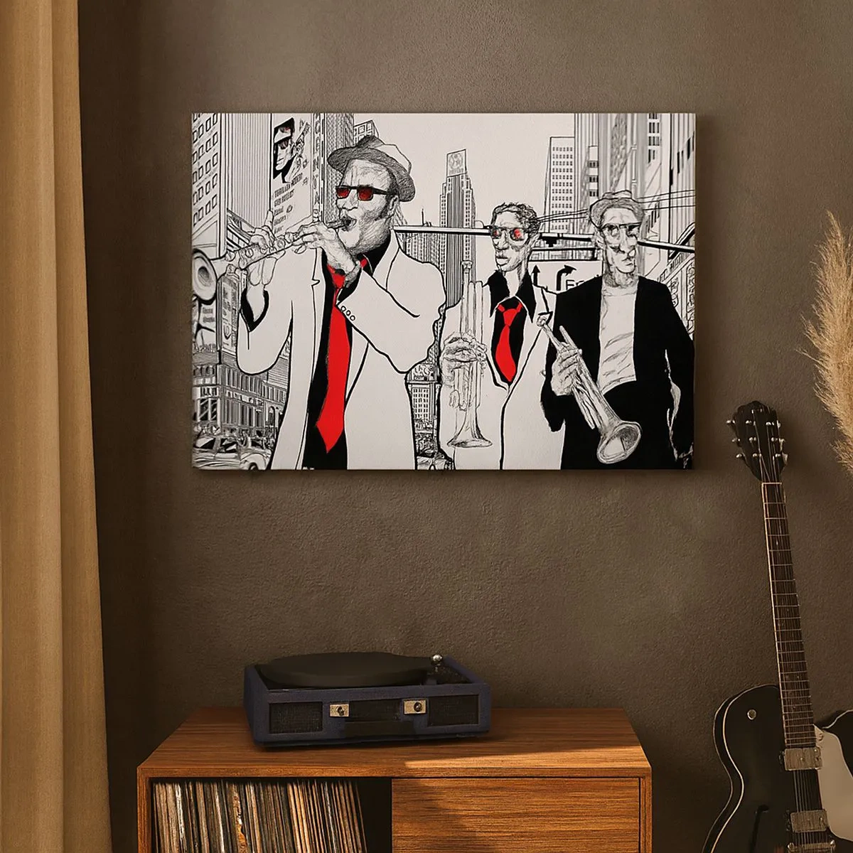 Canvastavla - Bild på duk - Illustration av jazzmusiker mot en urban bakgrund - 70x50cm - Stadsrapsodi i svart och rött - Modern väggdekoration för vardagsrum och sovrum ARTTOR