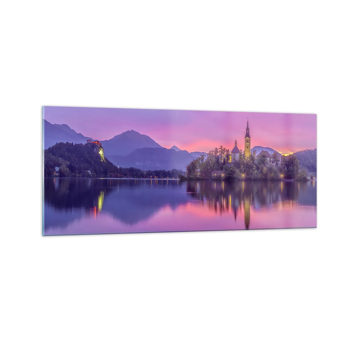 Glastavla - Bild på glas - Sagoön i solnedgången  - 100x40 cm