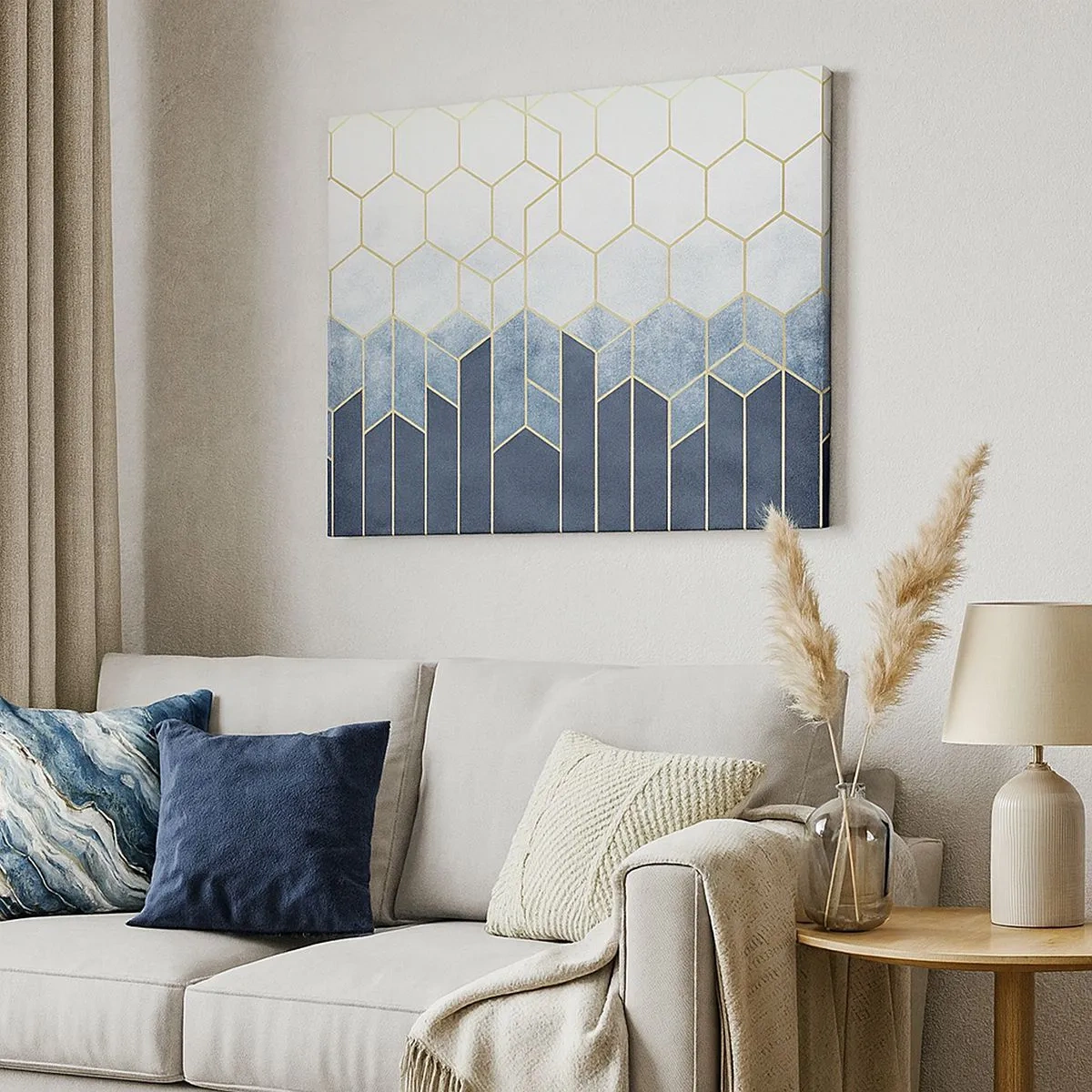 Canvastavla - Bild på duk - Geometriskt mönster i nyanser av guld och marinblått - 70x50cm - Komposition i synkoprytm - Modern väggdekoration för vardagsrum och sovrum ARTTOR