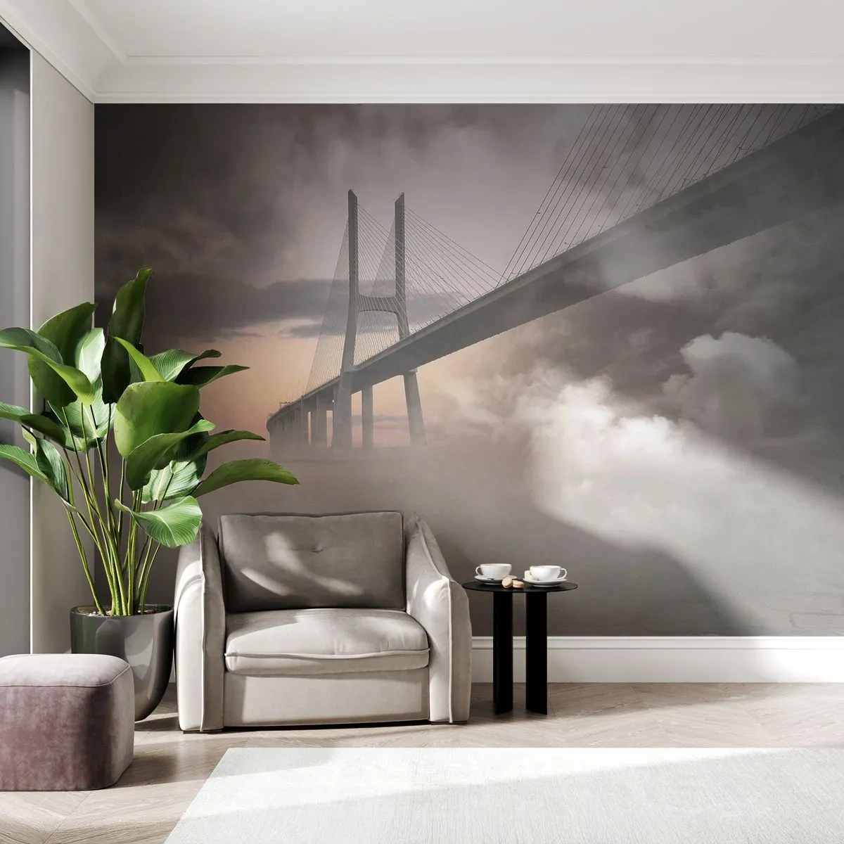 Fototapet Premium Sand - Vid en flod som inte finns - Landskap, Bro, Arkitektur - 300x210 cm